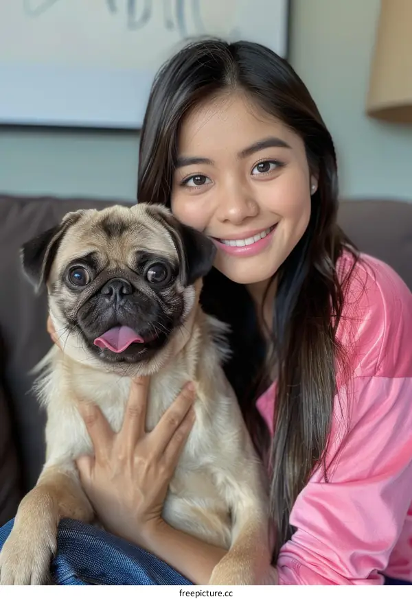 pug smiling with tongue out being held by Asian woman