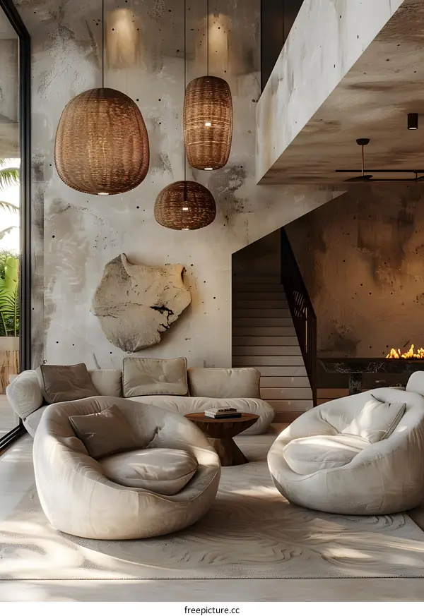 Modern Living Room Interior Design with Concrete Walls and Unique Lighting