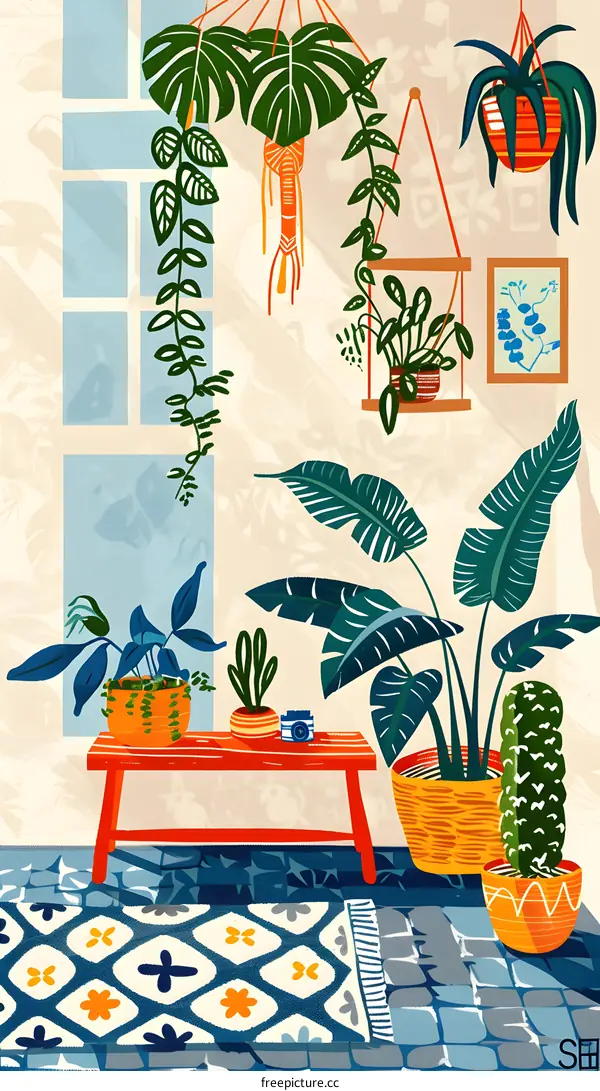 Indoor Plants Illustration with Hanging Plants and a Rug