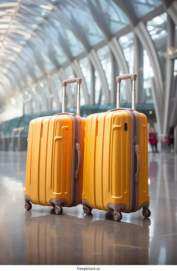 Two yellow suitcases in the airport