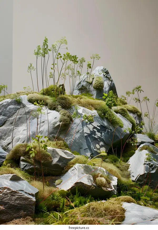 Green Moss and Rocks in a Minimalist Setting