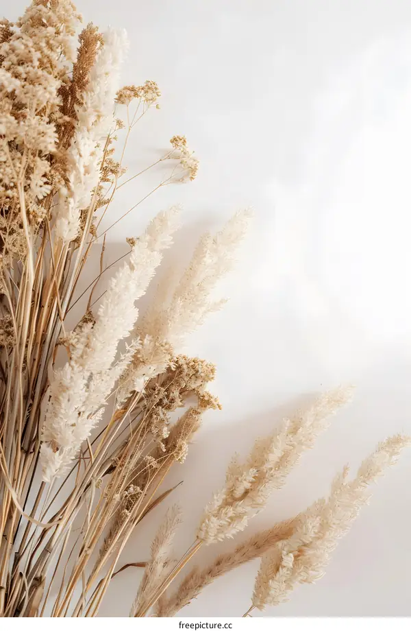 Minimalist White Background with Pampas Grass and Dried Flowers