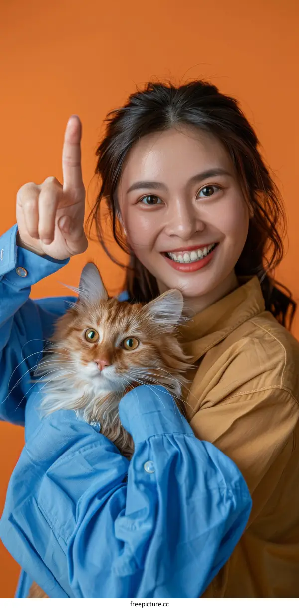 A young woman is holding a cat and smiling at the camera