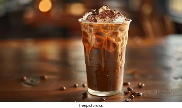 Iced coffee in a glass with ice, chocolate syrup, and whipped cream