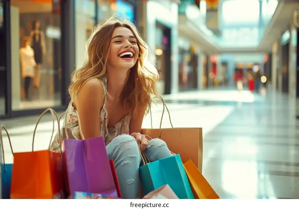 Happy young woman with shopping bags sitting on the floor in the mall
