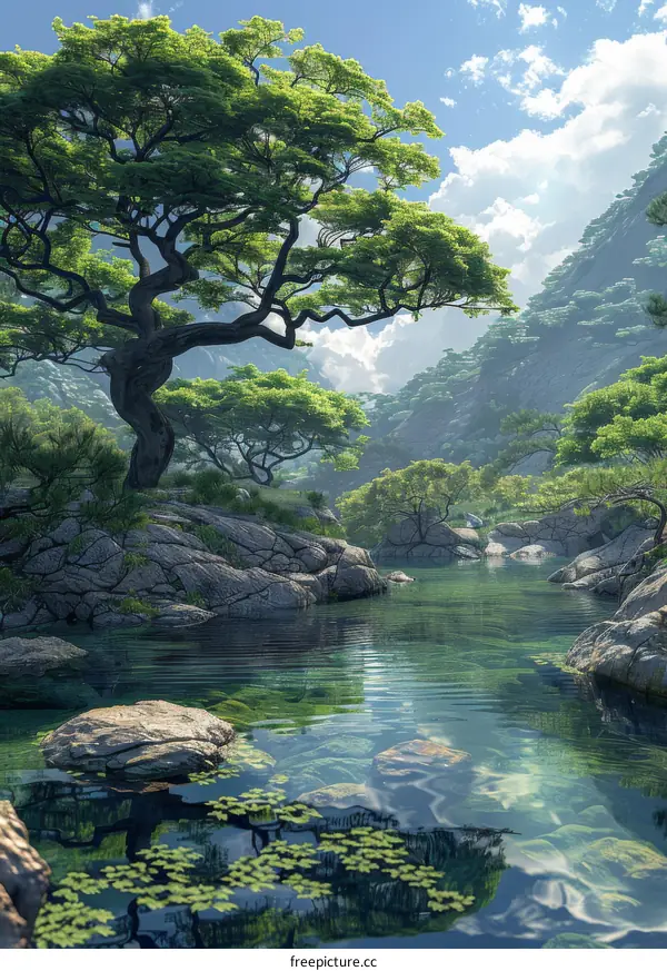 Majestic River Landscape with Towering Trees and Rocky Outcroppings