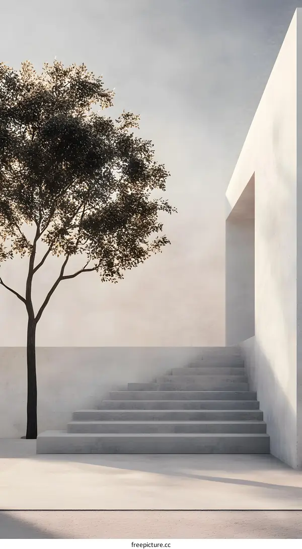 Minimalist Modern Architecture with Concrete Stairs and a Tree
