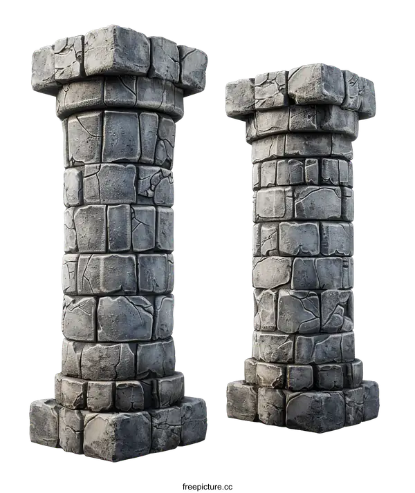 [Transparent Background PNG]Two grey stone pillars with cracks on a black background