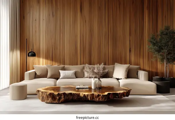 Modern Minimalist Living Room with Wooden Wall
