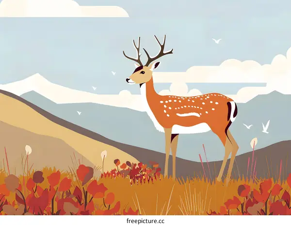 Deer Standing in Field with Mountains in Background