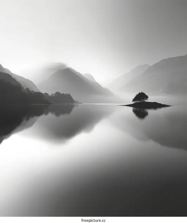 Small island in lake with large mountains in background