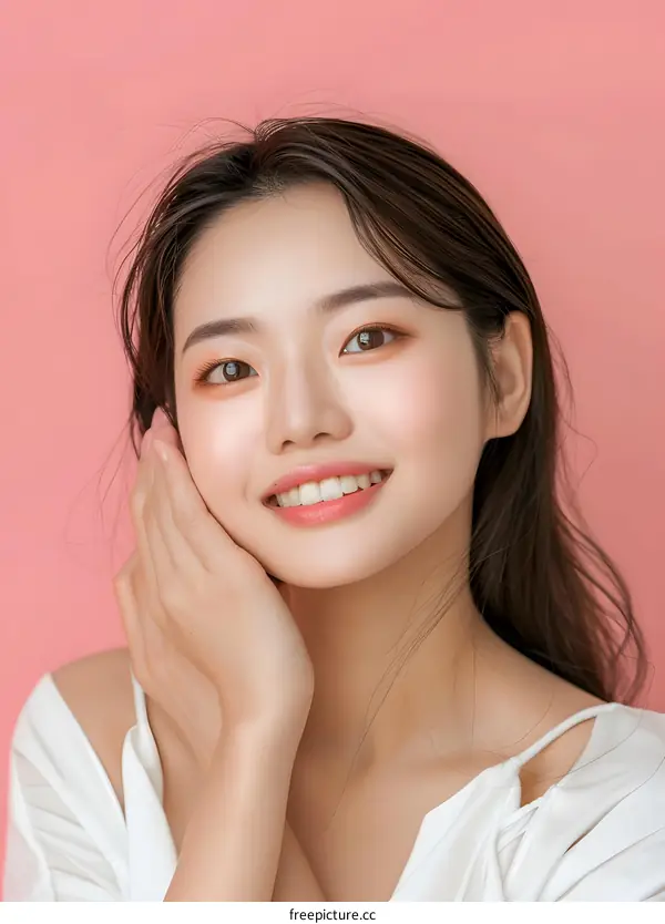 Portrait of a Smiling Asian Woman with Long Black Hair