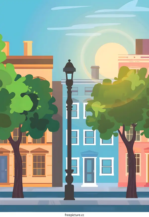 Cartoon Illustration of a Sunny Day in the City with Buildings and Trees