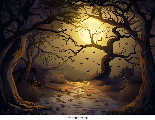 Spooky Forest Landscape With Full Moon and Bats