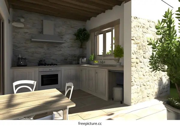 Rustic Kitchen Interior Design with Wooden Cabinets and Stone Wall