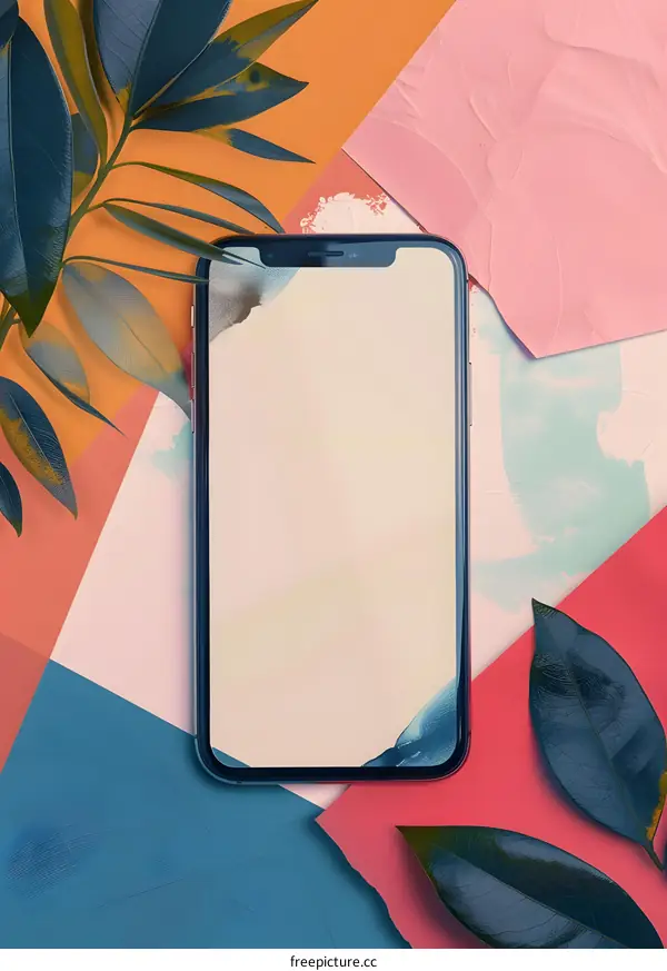 Mockup Phone with Leaves on Colorful Background