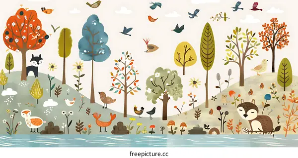 Colorful Forest Illustration with Animals and Birds