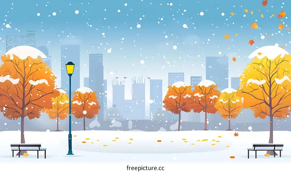 Winter City Park with Snowfall and Falling Leaves