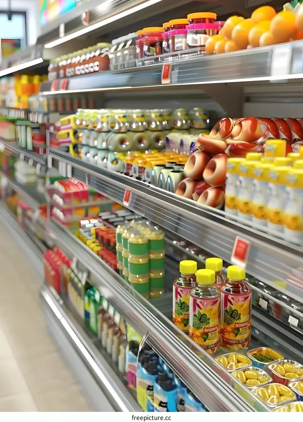 Supermarket Shelves with Variety of Food Products