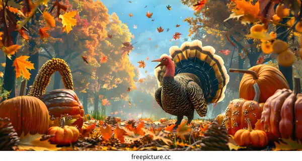 A bountiful Thanksgiving cornucopia still life with pumpkins, corn, and a turkey in the woods.