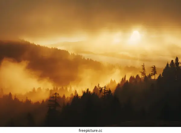 Golden Hour Sunrise Over Foggy Forest