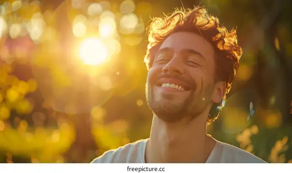 Young man smiling with his eyes closed and the sun shining on his face