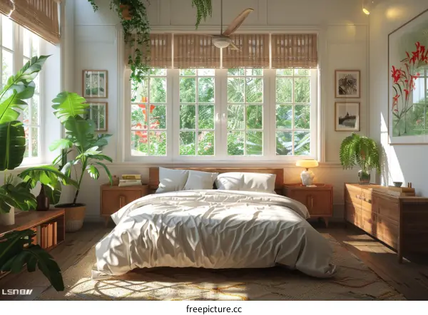 Cozy Bedroom with Lush Plants and Sunlight