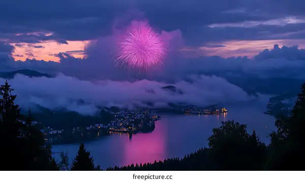 Amazing Fireworks Over Misty Lake at Night