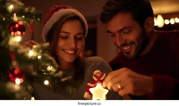 Couple decorating Christmas tree