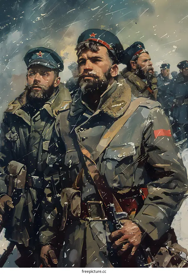 A group of soldiers in winter gear are marching through a snowy forest.