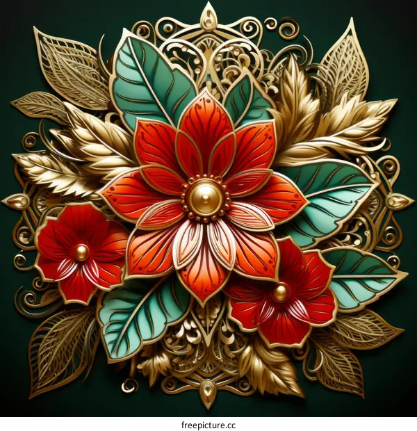 Opulent Red Flower Illustration with Gold Accents