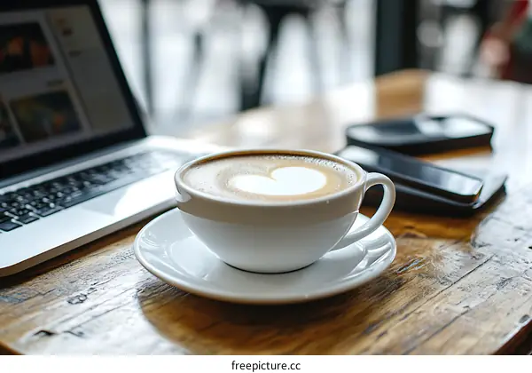 Close Up of Cup of Coffee with Heart Shaped Latte Art on Wooden Table