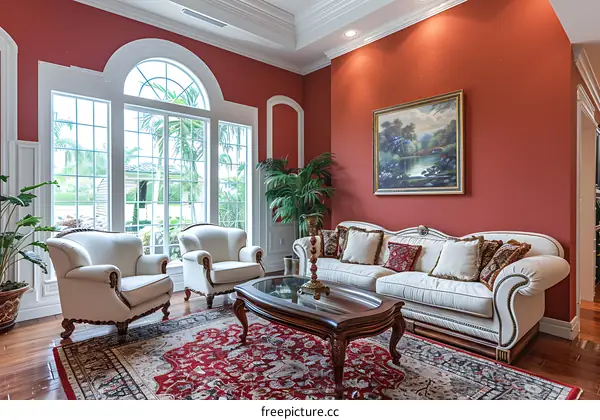 Two white armchairs and a white sofa in a living room with red walls and a red patterned rug.
