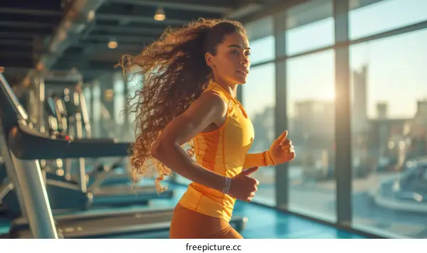 Young woman running on a treadmill in a gym