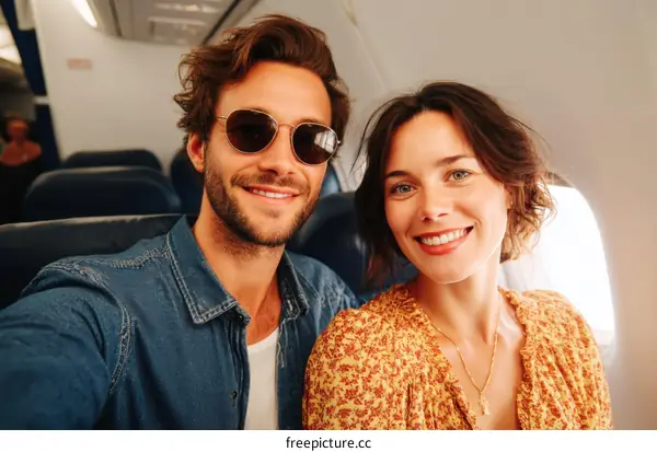 Happy Couple on Airplane Selfie