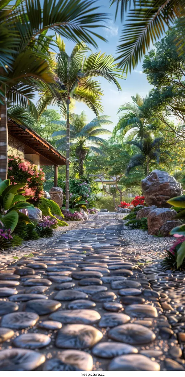 Tranquil Path through a Lush Tropical Garden
