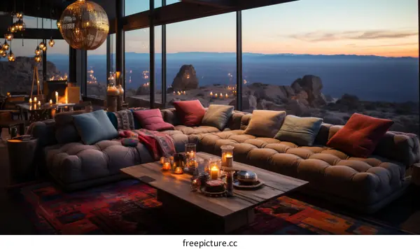 Modern living room interior with large windows and comfortable sofa