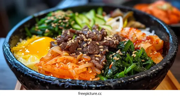 Korean food dolsot bibimbap with beef, egg, spinach and kimchi in a hot stone bowl