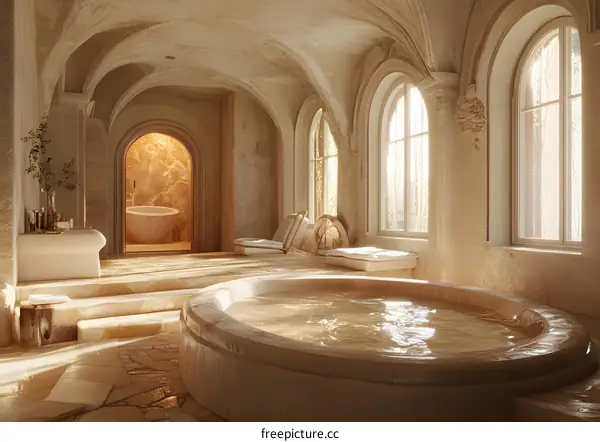 Luxury Bathroom With Stone Tub And Arch Windows