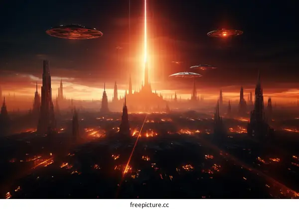 futuristic cityscape illustration with flying saucer