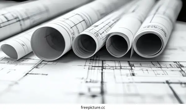 Architectural Drawings Rolled Up on a Table