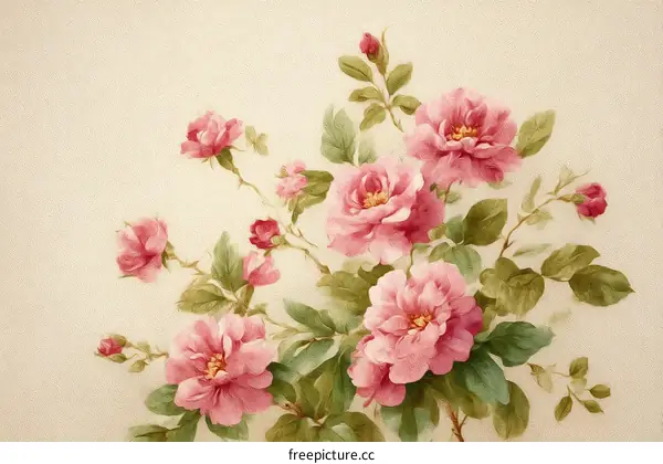Vintage Floral Illustration of Pink Roses