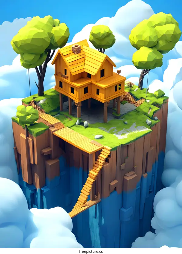Floating Wooden House in the Clouds Illustration