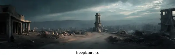 Ruined Cityscape Under a Cloudy Sky