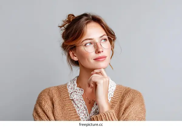 Thoughtful Woman in Casual Outfit Against Gray Background