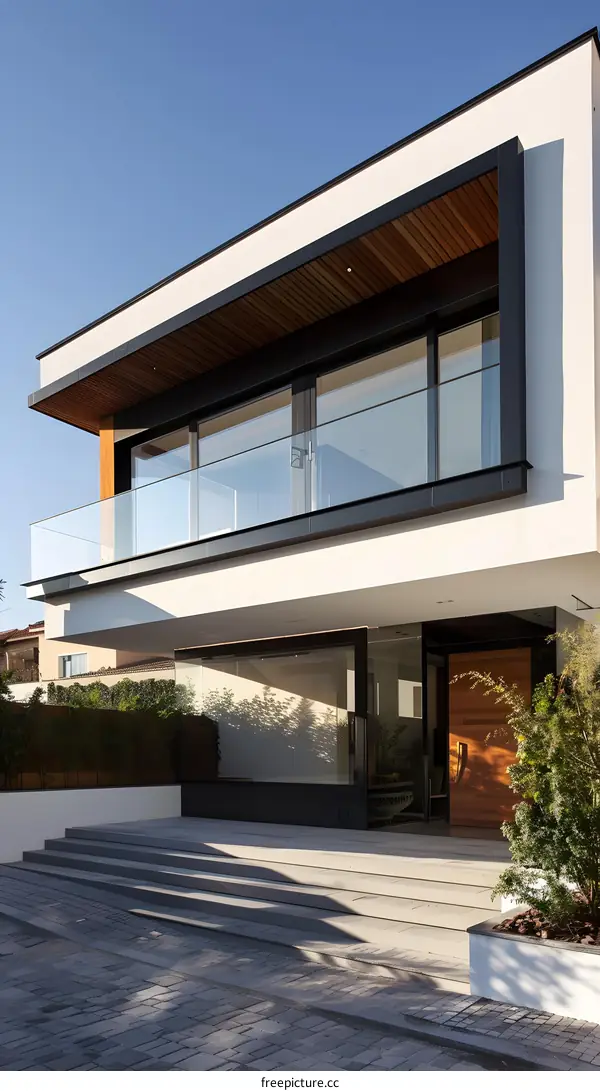Modern Home Exterior with Wooden Accents and Glass Balustrade