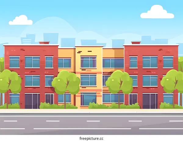 Cartoon Illustration of City Building with Street View