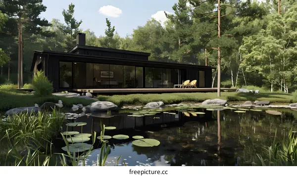 Modern Black Cabin with Pond in the Woods