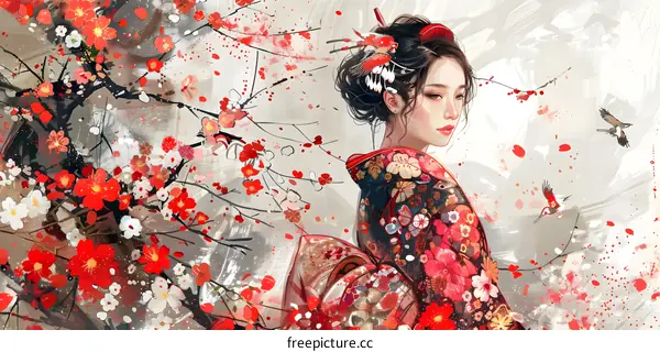 An Asian woman in a red kimono stands in a field of cherry blossoms.