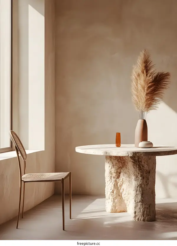 Modern Minimalist Interior Design with Natural Light and Stone Table